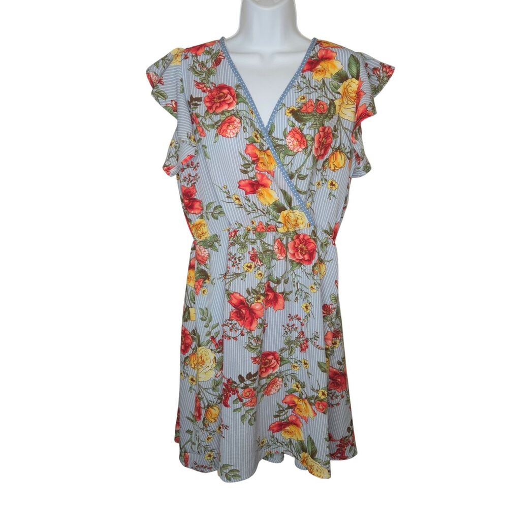 WRAPPER Women's Large Floral Striped Faux Wrap Mini Dress Flutter Sleeve